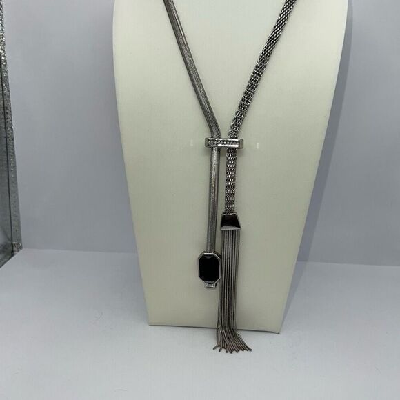 Chico’s Statement Chain Tassel Necklace Silver Tone With Black Bead & Rhinestone - Picture 1 of 6